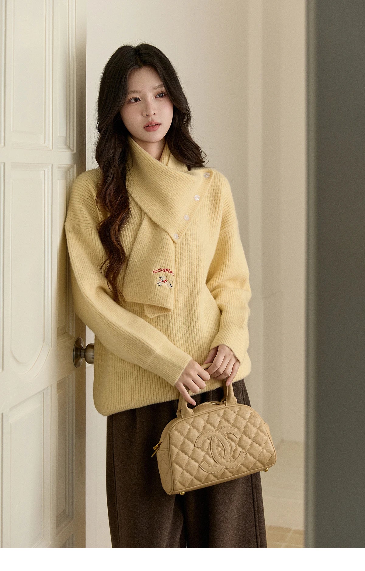 MISHOW Women's Yellow Sweater with Detachable Scarf 2025 Autumn Winter Loose Casual Warm Thickened Knit Pullover MXE93Z2953