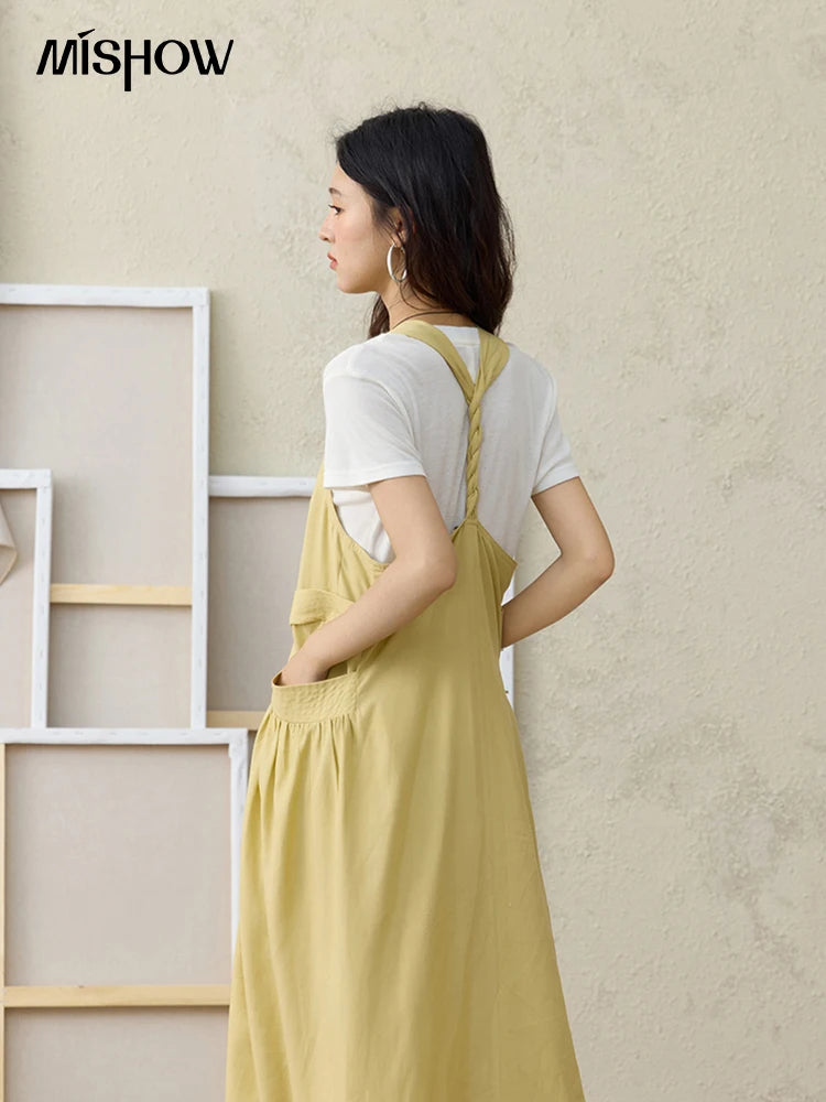 MISHOW Women's Cargo Large Pocket Strap Dress 2025 Summer Lemon-yellow Sleeveless Dress Retro Square Neck Loose Dress MXE35L2302