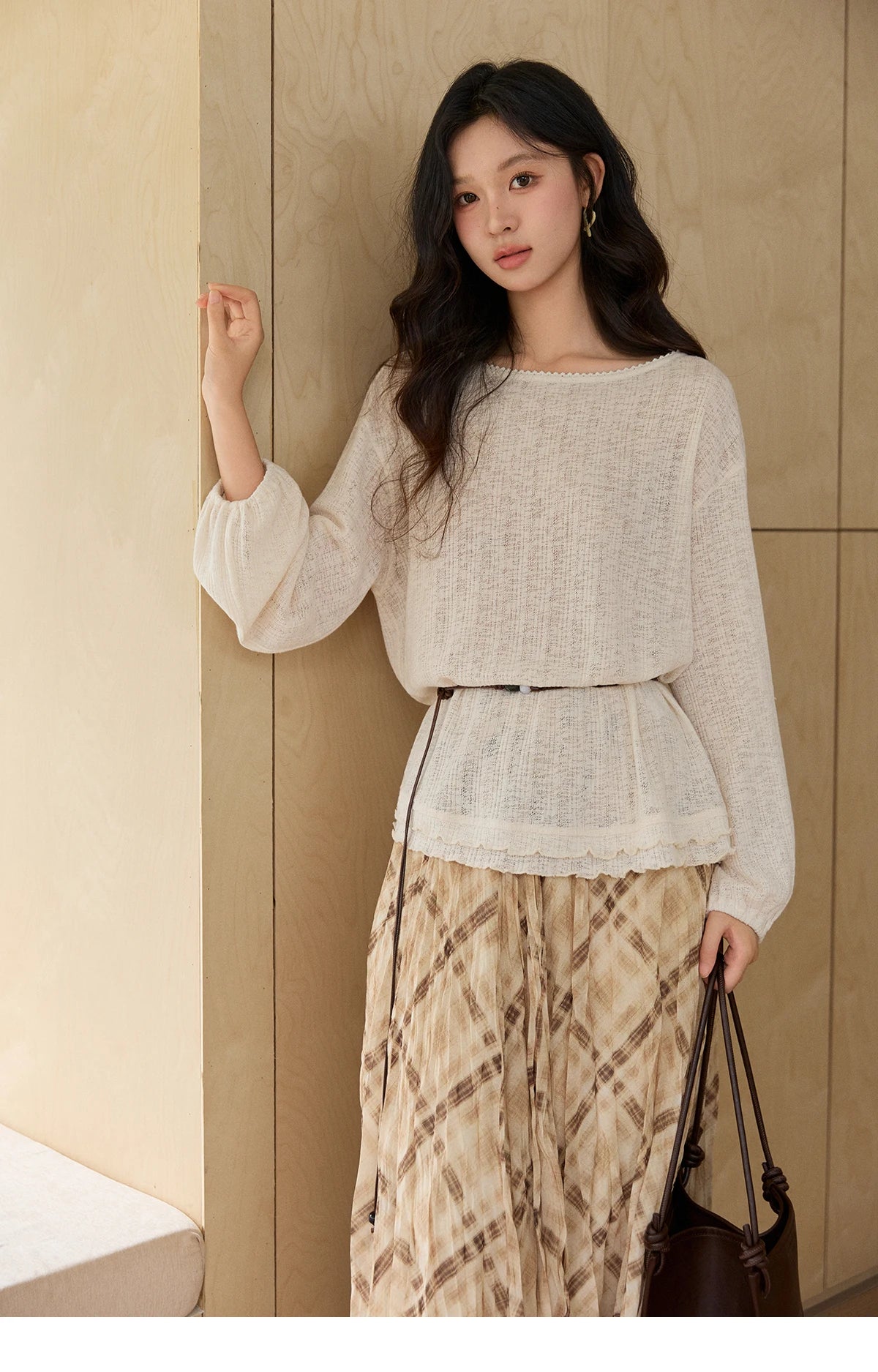 MISHOW Women's Lace Trim Boat Neck Knitted Tops with Belt 2026 Spring Micro Transparent Loose Casual Thin Sweater MXF13Z3002