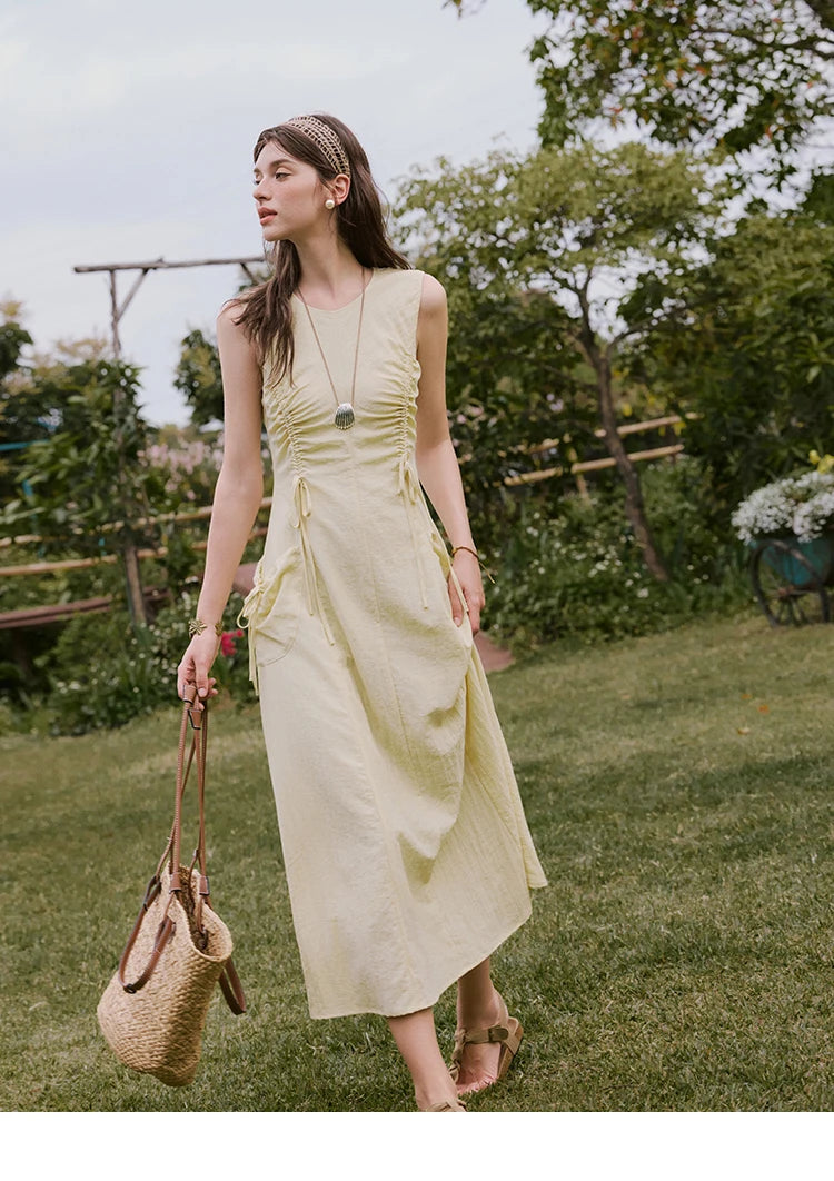 MISHOW Office Lady Summer Dress Women New 2025 Sleeveless Round Neck Drawstring Waist with Pockets Slim Dresses Woman MXE34L2228