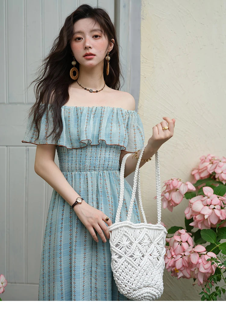 MISHOW Women's Fashion Slash Neck Chiffon Dress 2025 Ladies Elegant Vacation Striped French Dresses Female Clothing MXE39L2380