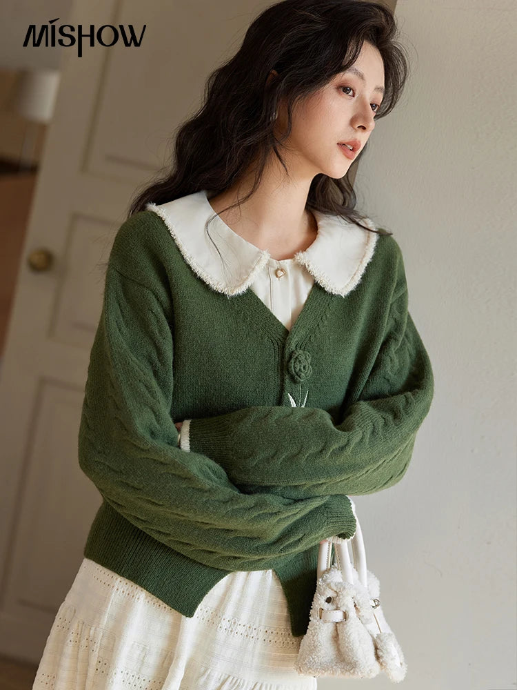 MISHOW Cardigan V-neck Women Three-Dimensional Flowers 2024 Fall Gentle Soft Knitted Sweaters Women Short Tops MXD36Z0894