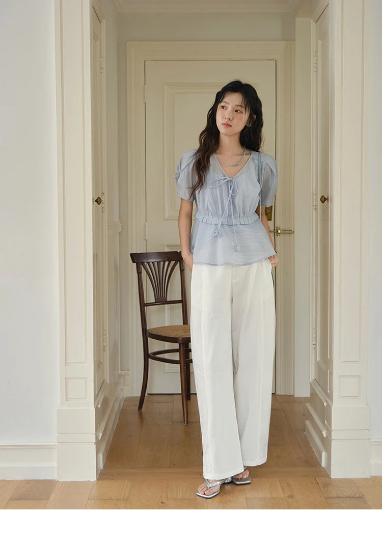 MISHOW Women's Fashion V-neck Blouse Summer 2025 New Splicing Button Commut Ladies Lace Up Casual Short Sleeve Top MXE34X1821