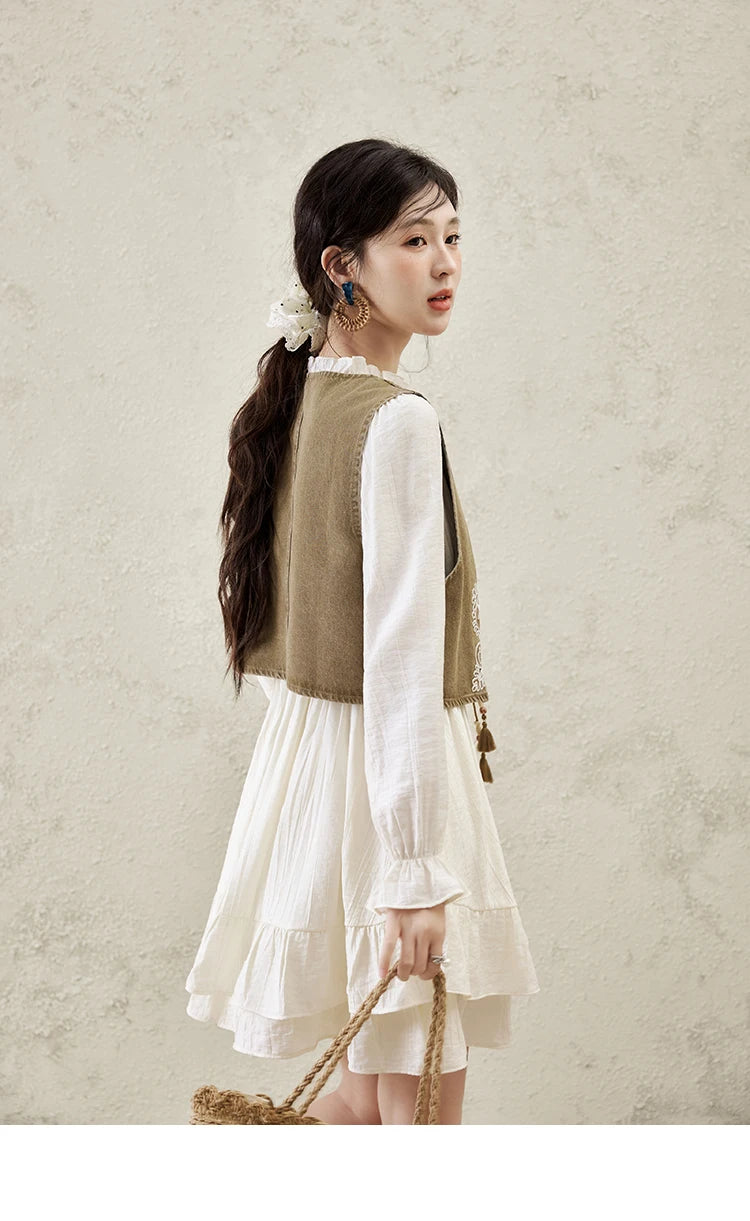 MISHOW Spring Elegant Vests Dress Separately Women 2025 Solid Long Puff Sleeve Midi Dresses Print Denim Vest Fashion MXE16L2197