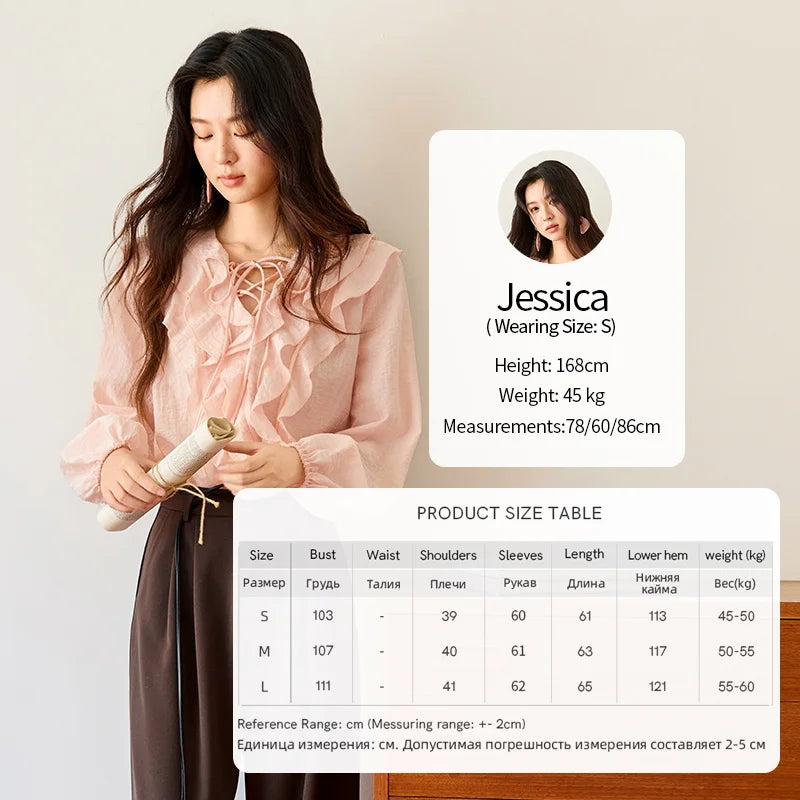 MISHOW Pink Ruffled Blouse for Woman 2025 Autumn New Elegant Sweet V-neck Lace-up Design Shirt Lantern Sleeves Top MXE49X2504