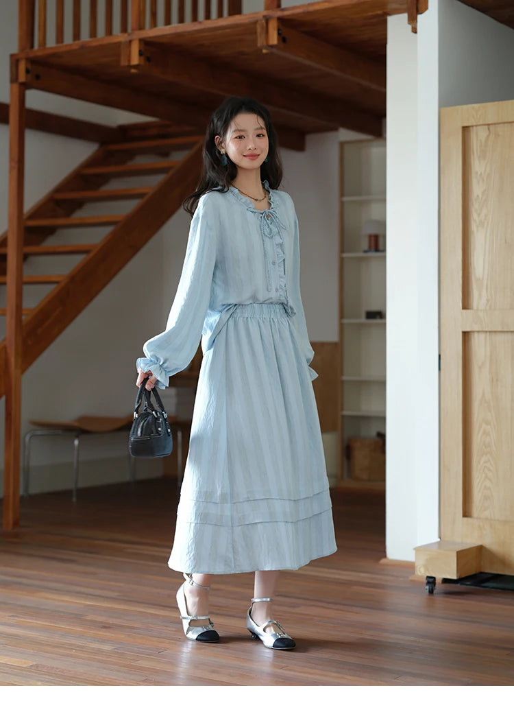 MISHOW Women's Light Blue Striped Linen Suit 2025 Autumn Fungus Edge V-neck Lace-up Shirt Elastic Waist Skirt Two pcs MXE41T0700
