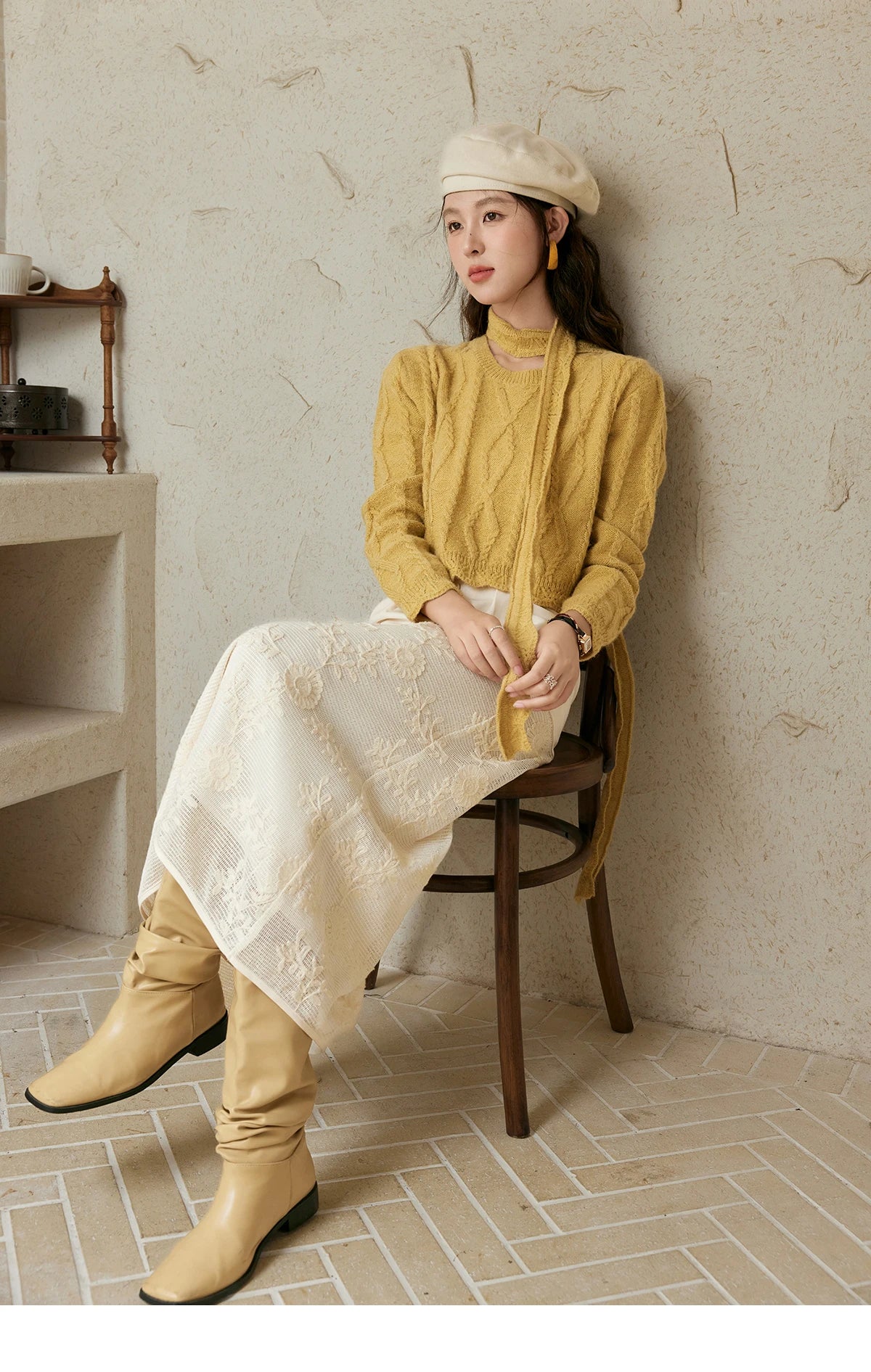 MISHOW Romantic Lace Wave Lace O-neck Knitted Sweater 2024 French Short Top Solid Hollow Elegant Sweater with Belt MPD42Z0736