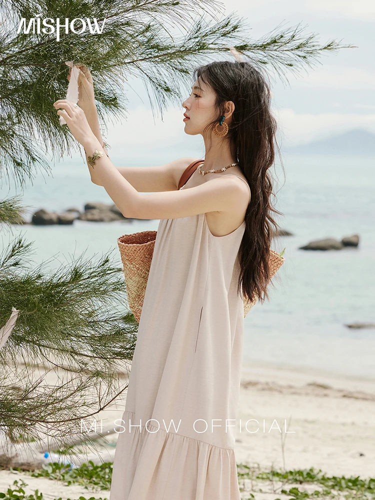 MISHOW Lotus Pink Camisole Dress for Women Summer 2025 Sleeveless Solid Shell Ribbon Dresses Female Fashion Shirring MXE33L2156