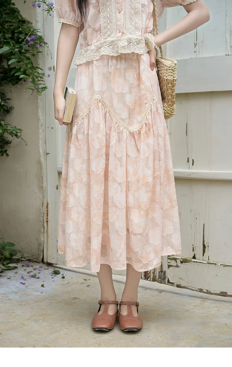 MISHOW French Embroidered Lace Bubble Sleeve Top & Elastic Waist Skirt Set MXD23X1428