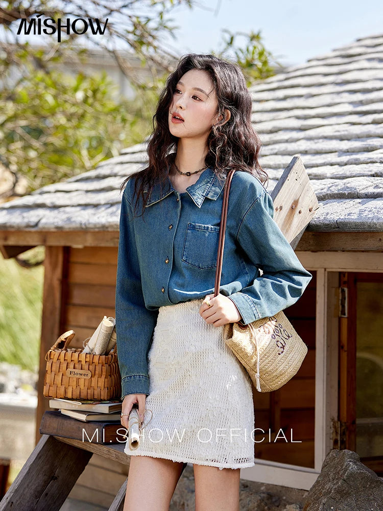 MISHOW Retro Washed Denim Shirt Spring 2025 Double Layered Patchwork Collar Shirt Metal Buckle Single Breasted Tops MXE12C0751