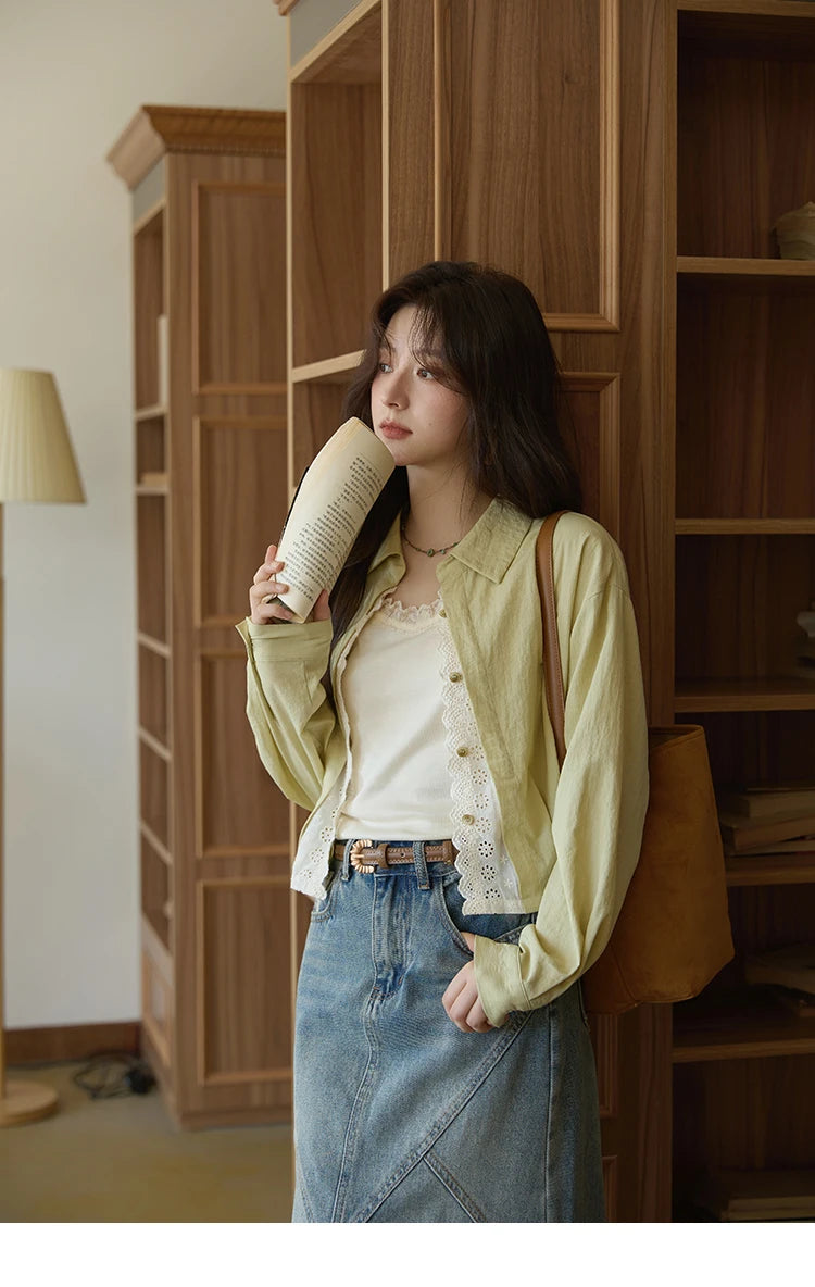 MISHOW Women's Top Green Fake Two Piece Shirt 2025 Autumn Lace Patchwork Lapel Shirts Rear Hem Elastic Short Shirt MXE41C2348