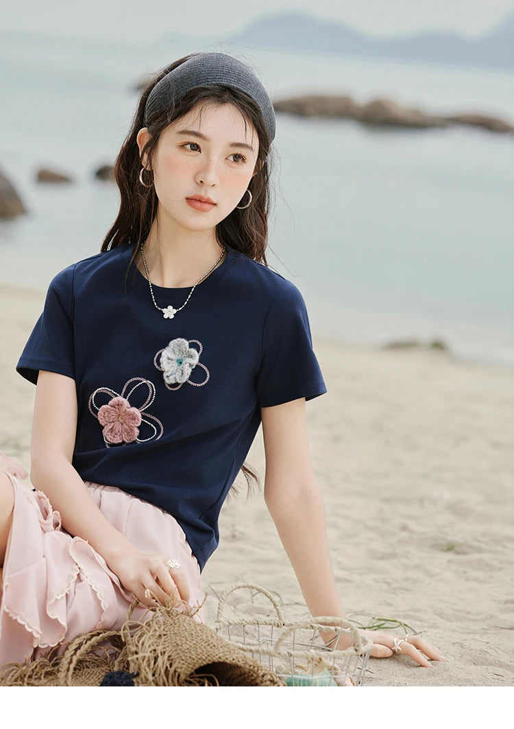 MISHOW Casual Summer Print T-shirts Women New 2025 Short Sleeve Round Neck Flower Beaded Shirts Female Fashion Tops MXE33T0499