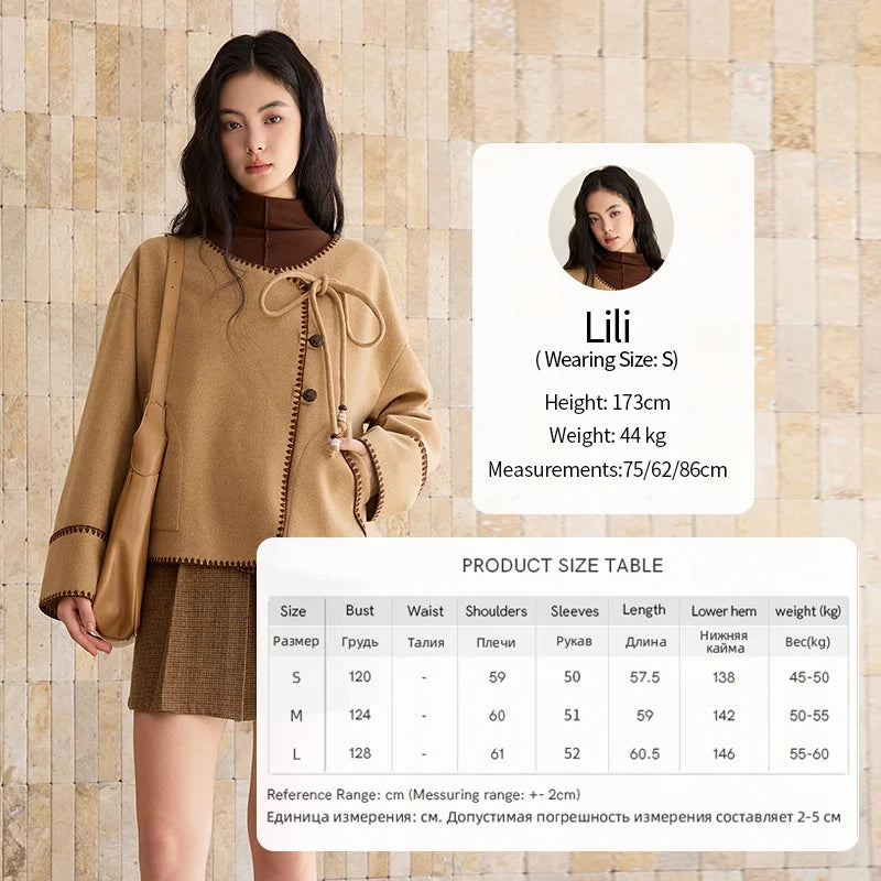 MISHOW Coat for Women 2025 Autumn Winter Khaki Asymmetrical Design Shell Flower Embroidery Lace-up Short Casual Coat MXE49W0854