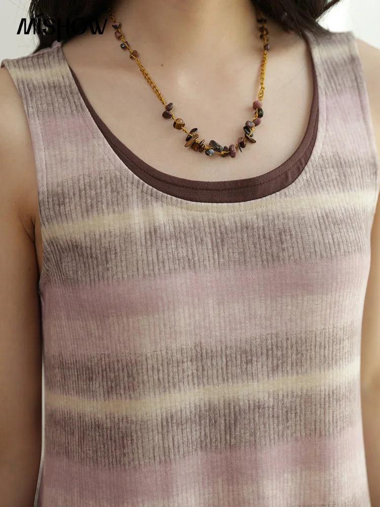 MISHOW Pink Purple Striped Vest Long Dress for Women Autumn 2025 Sleeveless A-line Slim Contrasting Round Neck Dress MXE44Z1368