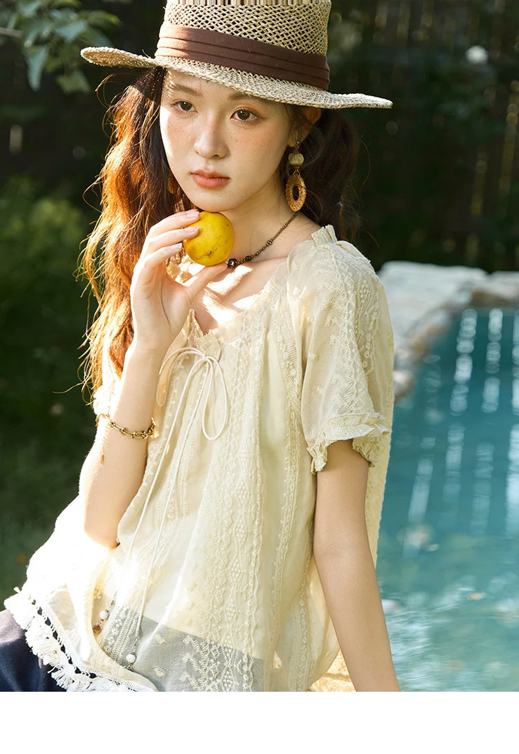 MISHOW Women's Embroidery Jacquard Blouse 2025 Summer New Fashion O-Neck Lace Up Short Sleeve Blouse Female Clothing MXE37X1861