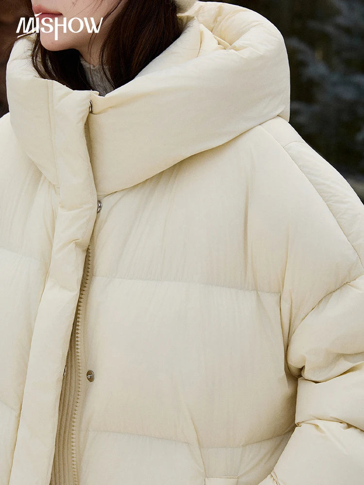 MISHOW Soft 90 Velvet Hooded Down Jacket for Women 2025 Winter Milk Yellow Bread Jacket Loose Jacket Warm Velvet Coat MXE92Y0090