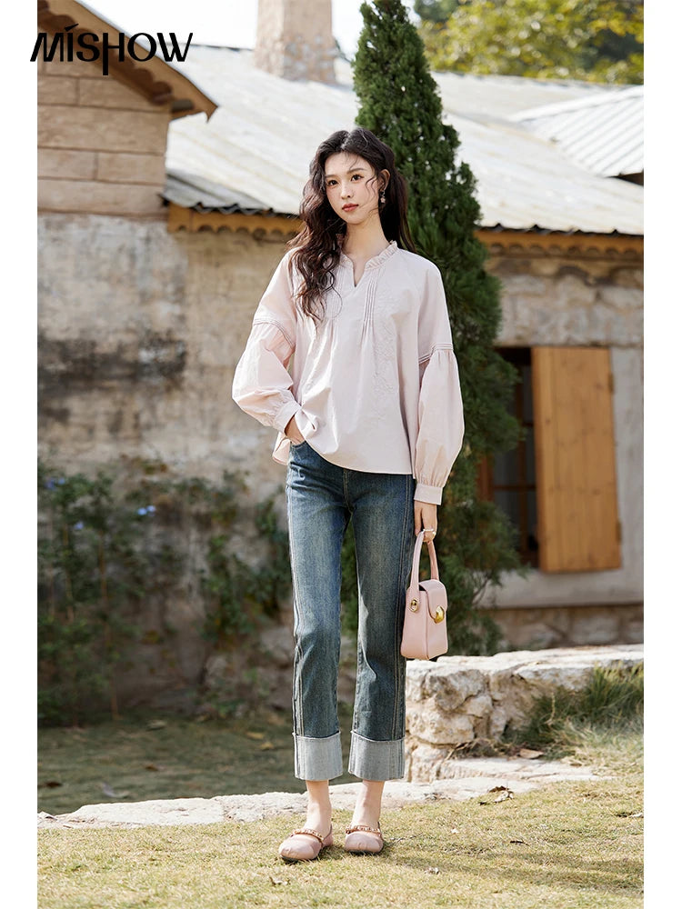 MISHOW Pink Cotton Ruffled Blouse Loose Long Sleeve MXE13X1699