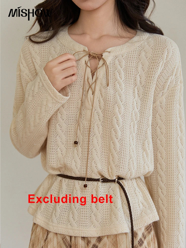 MISHOW Women's Beige Apricot Knitted Sweater 2026 Spring V-Neck Lace-Up Cable Knit Casual Loose Top Excluding Belt MXF108Z1029
