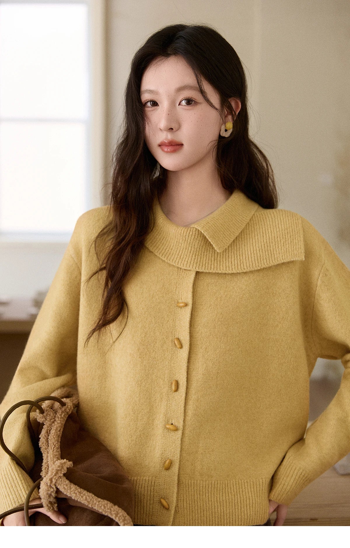 MISHOW Women's Mustard Yellow Knit Cardigan 2026 Spring Asymmetric Collar Dropped Sleeves Tops Casual Loose Sweater MXE93Z2936