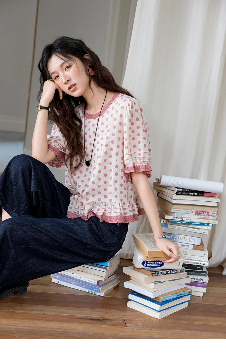 MISHOW Women's Blouse Fashion Pink Polka Dot Short Top 2025 Summer Sweet Puff Sleeve Blouse Casual Female Clothing MXE37X1900