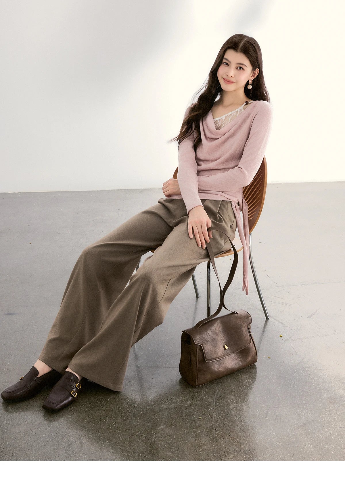 MISHOW Women's Splicing Lace Trim Draped Neck Long Sleeve Tops 2026 Spring Side Tie Ruched Irregular Casual Slim Tees MXF13Z2995