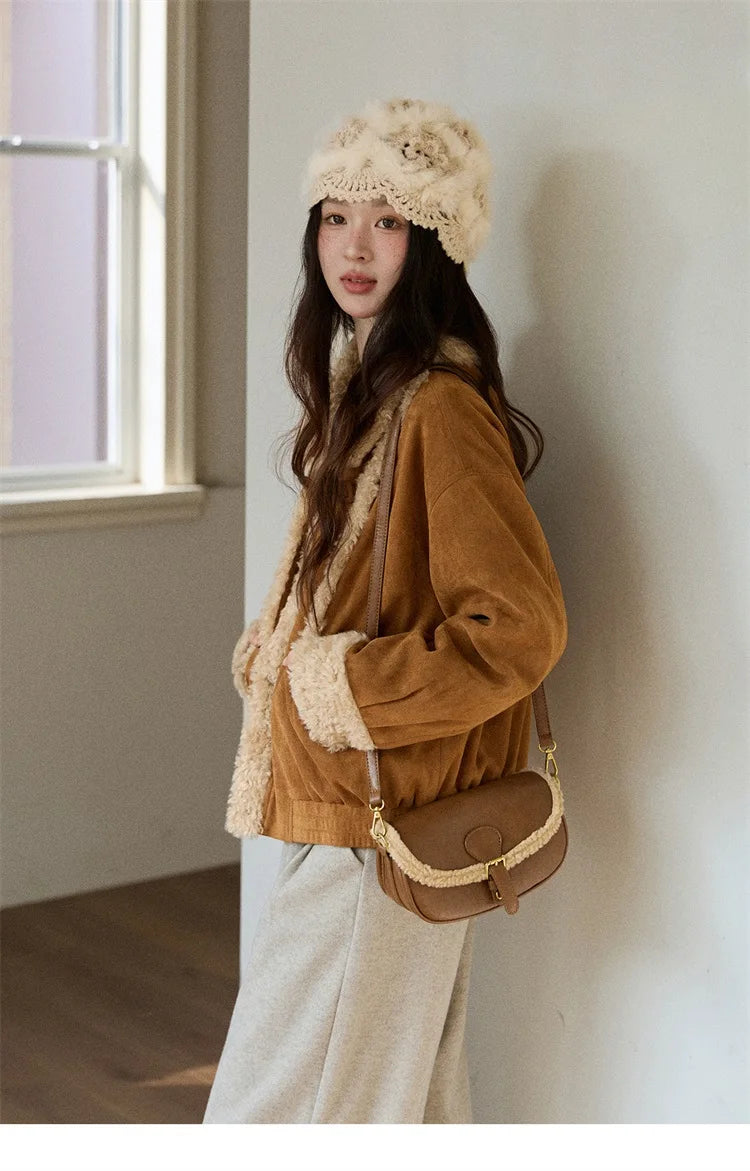 MISHOW Woman Short Jacket 2025 Winter Retro Brown Suede Patchwork Fur Coat Loose Faux Lambswool Turn Down Collar Coat MXE89W0895