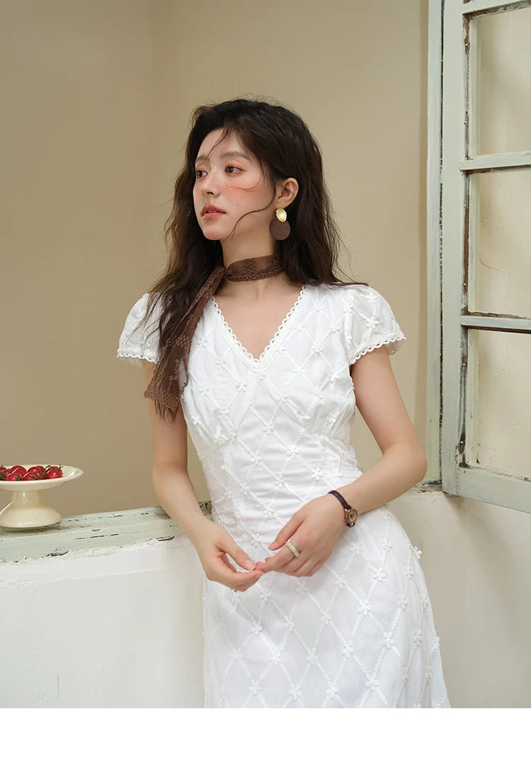 MISHOW Women's V-neck Lace Spliced Dress 2025 Summer New Embroidery Vacation French Style Jacquard Mid-Length Dresses MXE38L2378