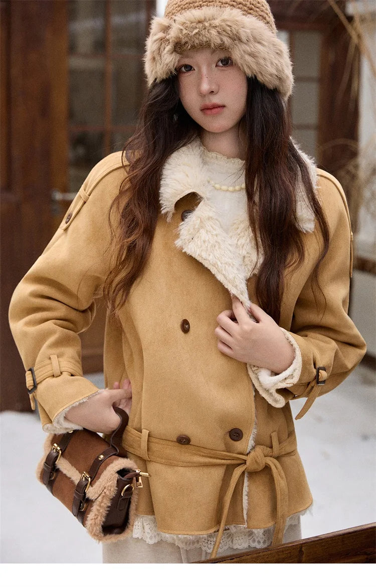 MISHOW Women Winter Jacket 2025 Fashion Suede Lambskin Fleece Coat Commute Windproof Retro Double-breasted Warm Coat MXE86W0907
