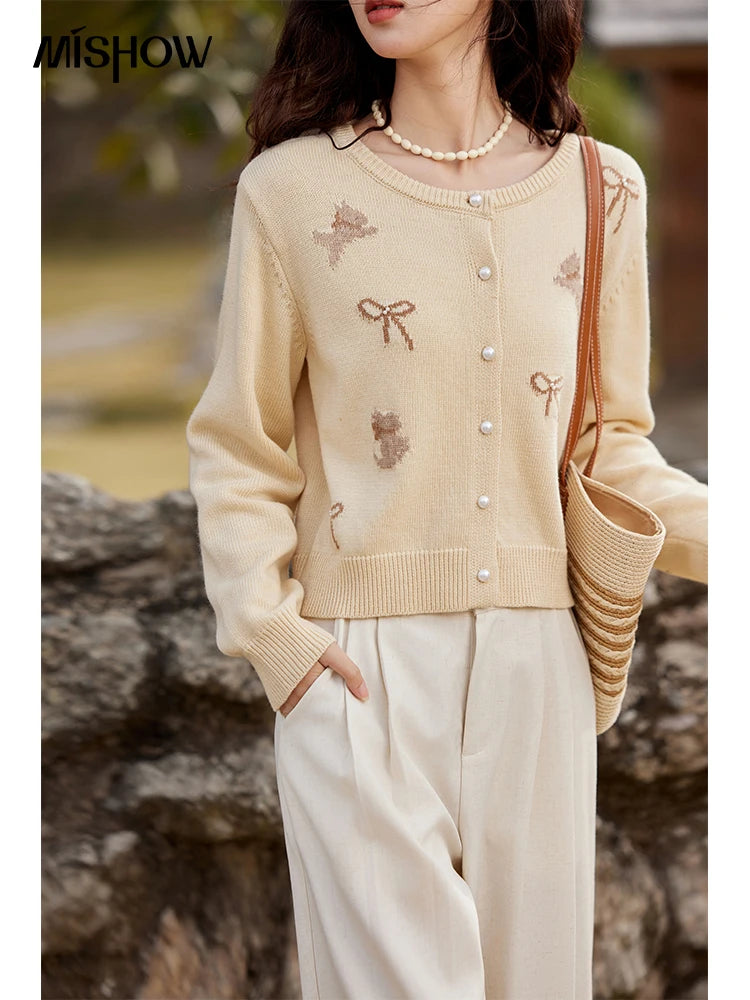 MISHOW Dog Bow Jacquard Knitted Sweater 2025 Spring Yellow Single Row Pearl Button Top Round Neck Elegant Sweaters MXE13Z1197