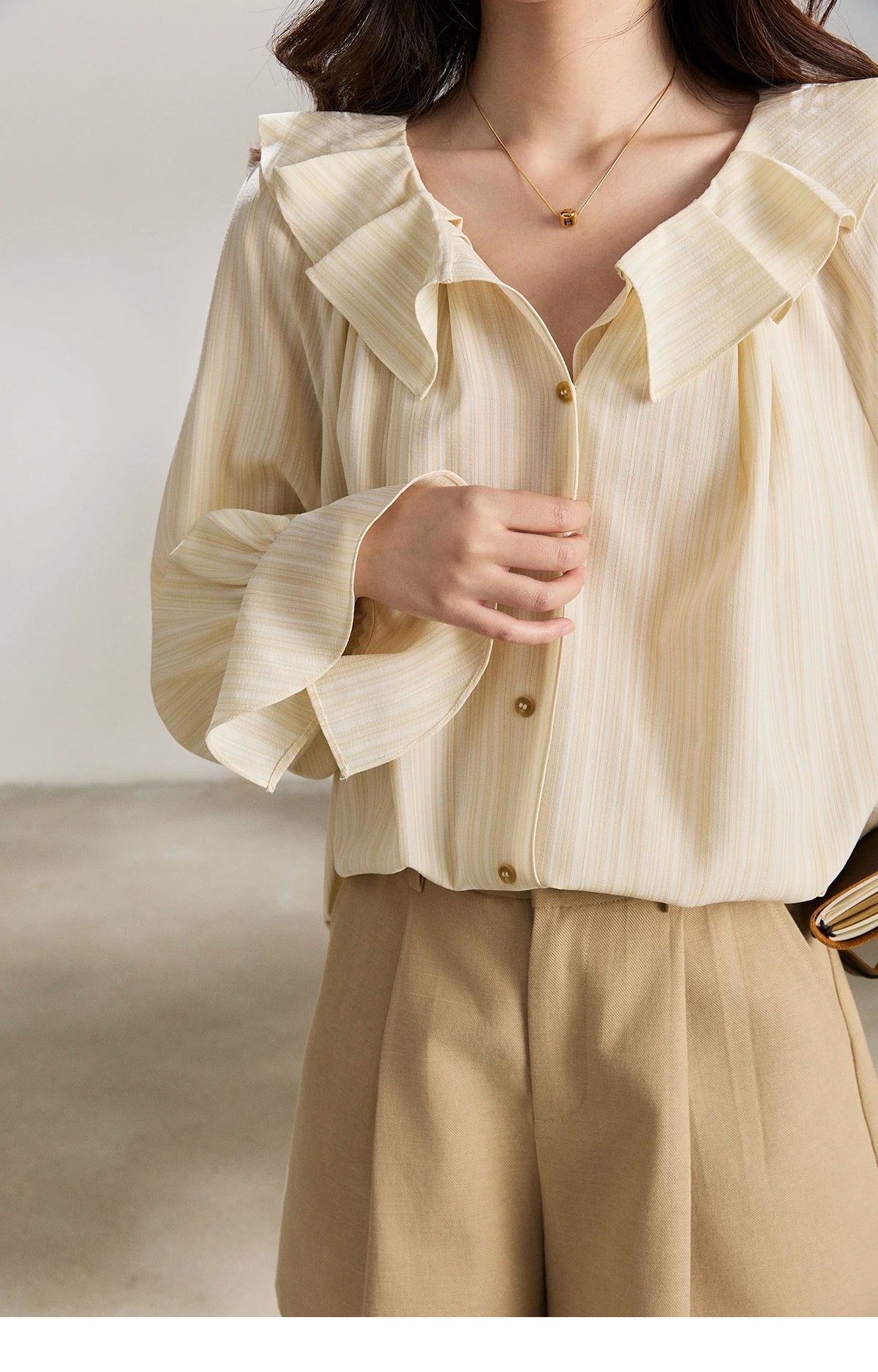 MISHOW Women's Ruffled Collar Striped Shirt 2026 Spring Flare Sleeve Elegant Casual Loose Long Sleeve Top Office Lady MXF13C2438