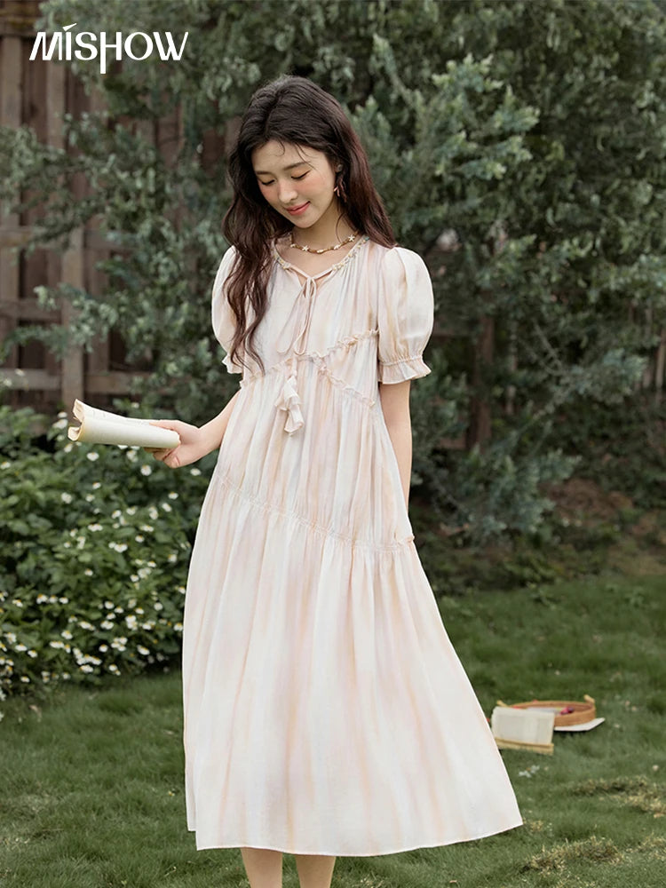 MISHOW French Summer Dress Women 2025 New V-neck Short Puff Sleeve Hollow Gradient Dresses Female Fashion Slimming MXE31L2166