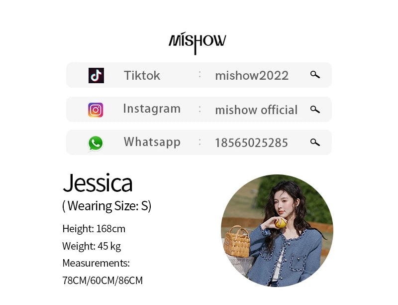 MISHOW Retro Fragrant Style Jacket for Women Spring 2025 Shoulder Pads Coarse Tweed Splicing Ribbon Blue Suit Coats MXE13W0705