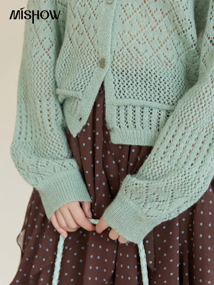 MISHOW Women's Mint Green Knitted Cardigan 2026 Spring Crew Neck Hollow Out Thin Tops Casual Loose Sheer Sweater MXF108Z1046