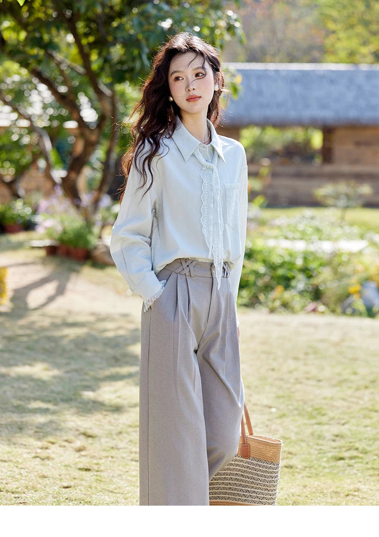 MISHOW French Spring Blouses Women 2025 New Long Sleeve Turn-down Collar Loose Shirts Female Fashion Lace Casual Tops MXE16C0760