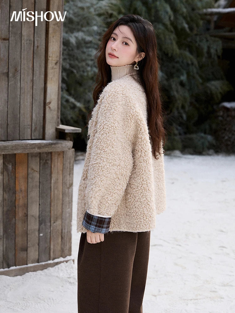 MISHOW Plaid Patchwork Curly Lambswool Coat Winter 2025 Women's Fashion Coat Double-Front Retro Casual Loose Jacket MXE87W0939