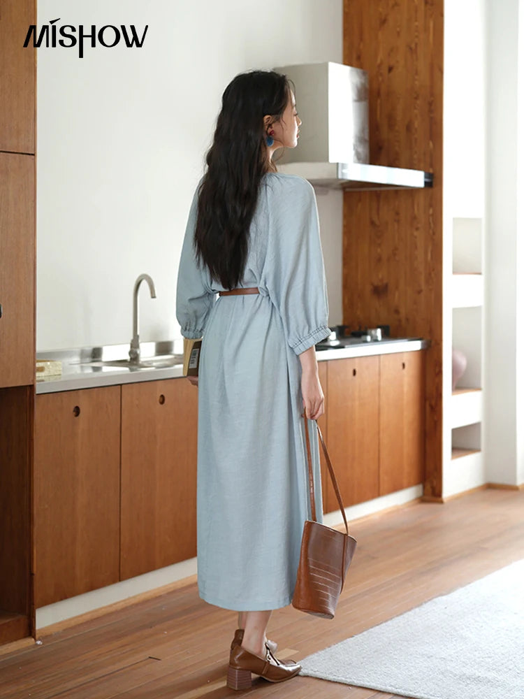MISHOW Women's Half Sleeve Button Bamboo Knot Dress with Bohemian Belt 2025 Autumn Blue Long Dress Ladies Clothing MXE20L2468