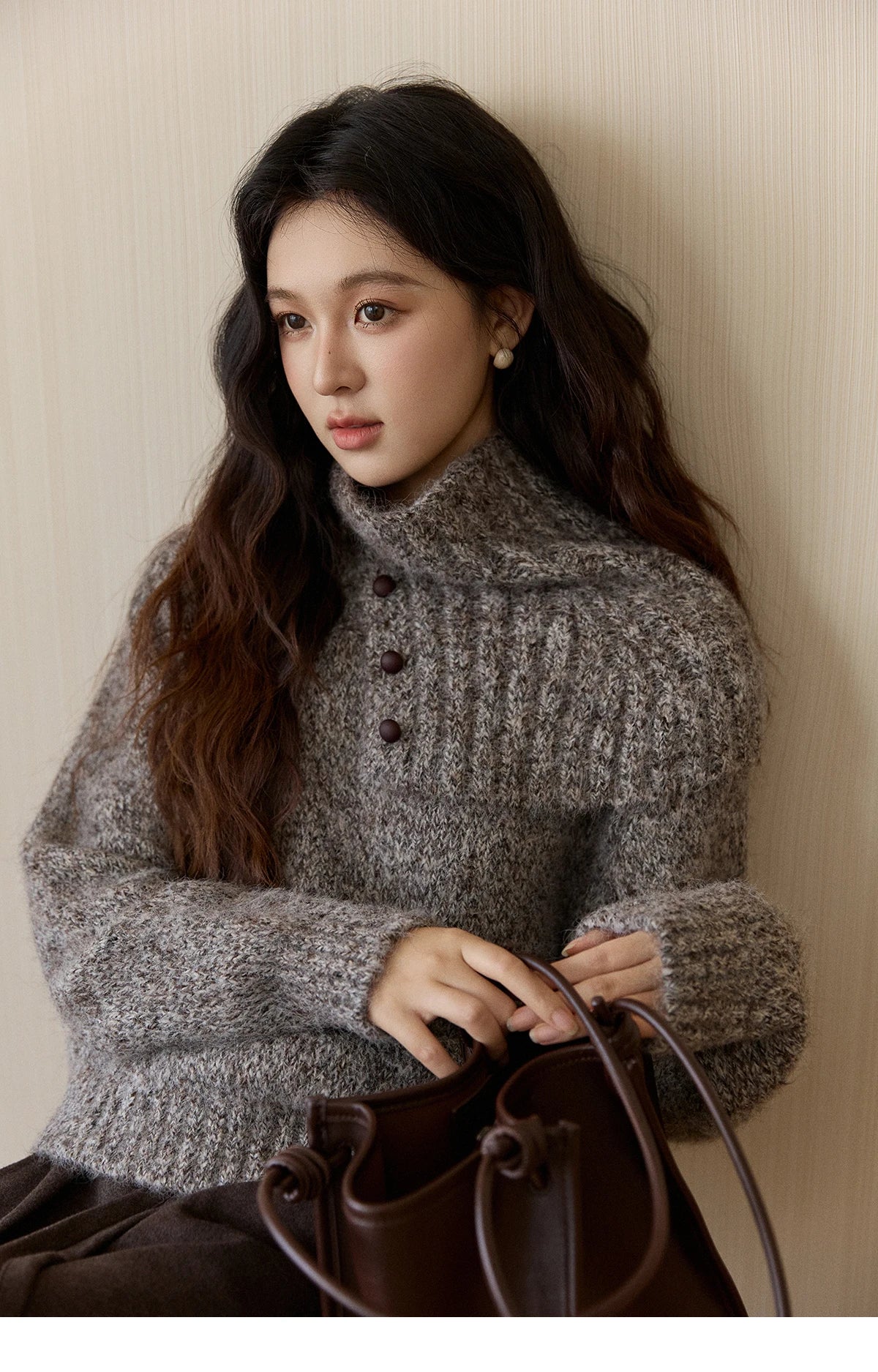 MISHOW Women's Gray Knit Sweater with Neckwear Scarf 2025 Winter Textured Button Decor Loose Warm Pullover Sweater MXE94Z2978