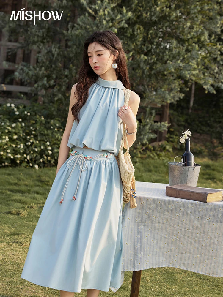 MISHOW Vacation Skirt Set Woman 2025 New Solid Halter Neck Sleeveless Short Tops Midi Loose Skirt Female with Belt MXE33T0546