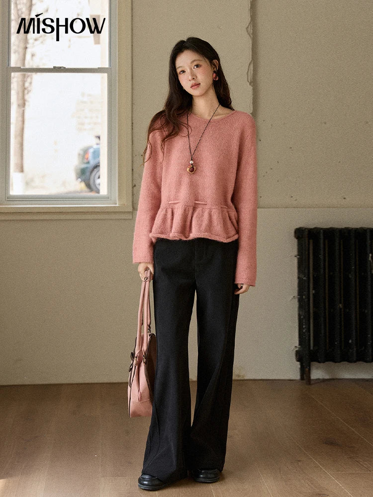 MISHOW Women's Pink Sweater 2025 Winter French Style Round Neck Knit Top Ruffled Hem with Drawstring Belt Pullover MXE90Z2824