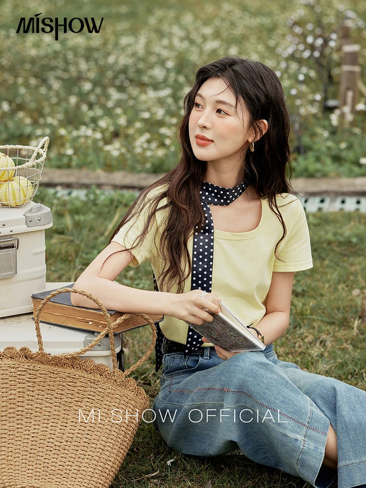 MISHOW Solid Casual T-shirts Women Summer 2025 New Square Neck Short Sleeve Shirt Female Fashion Straight Tops Woman MXE15T0483