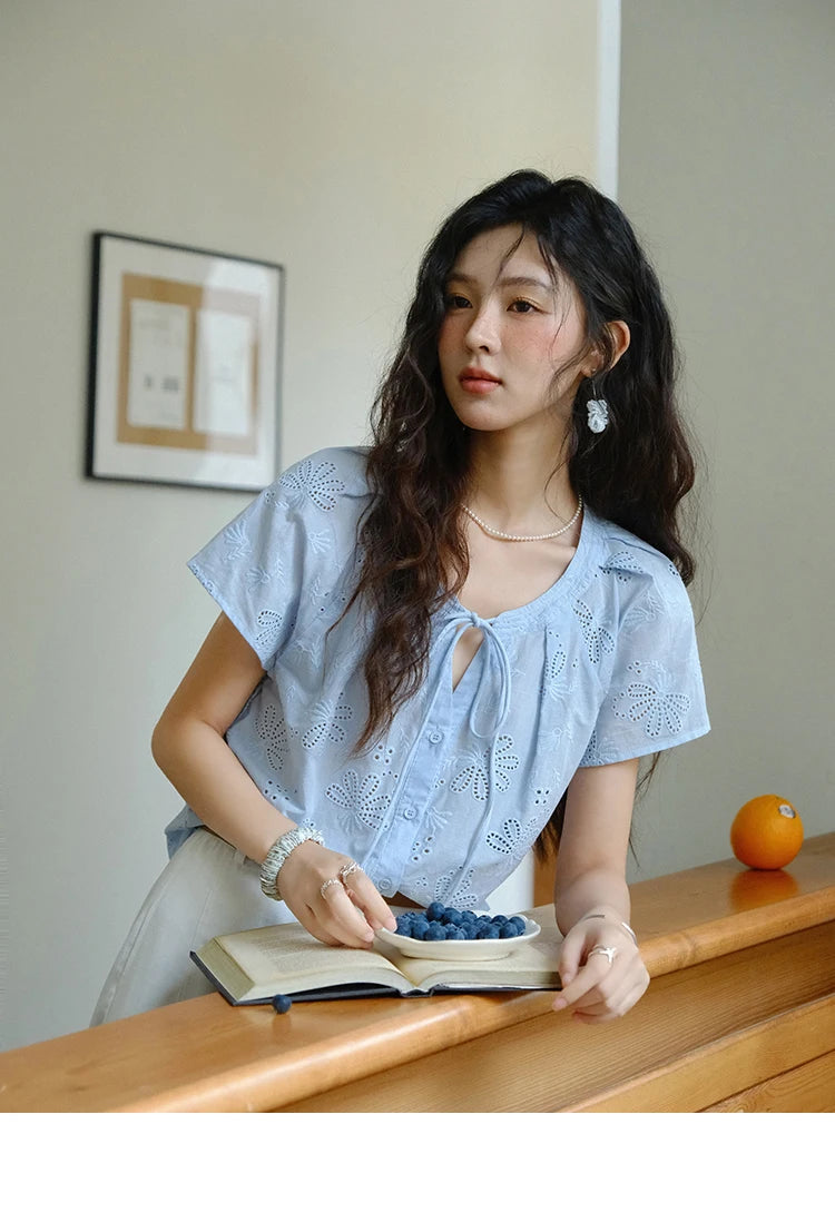 MISHOW Cotton Shirt O-Neck Button Lace Up Hollow Embroidery MXE37X1890