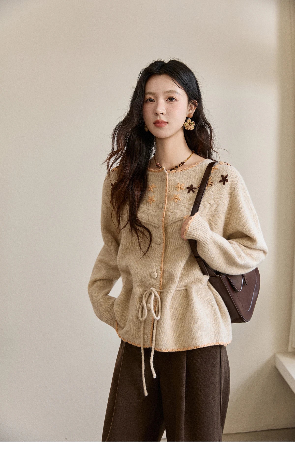 MISHOW Women's Apricot Hand-Embroidered Cardigan 2025 Winter Wool Blend Sweater Waist Tie Crochet Thick Warm Knitwear MXE87Z2702