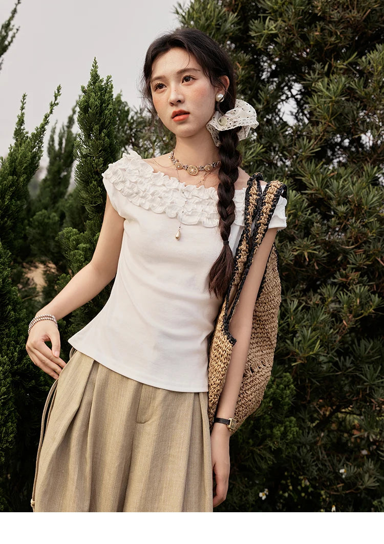 MISHOW French Stringy Selvedge One Neck T-shirt for Women Summer 2025 Raglan Sleeves Wool Short Top Sexy Solid Tees MXE34T0605