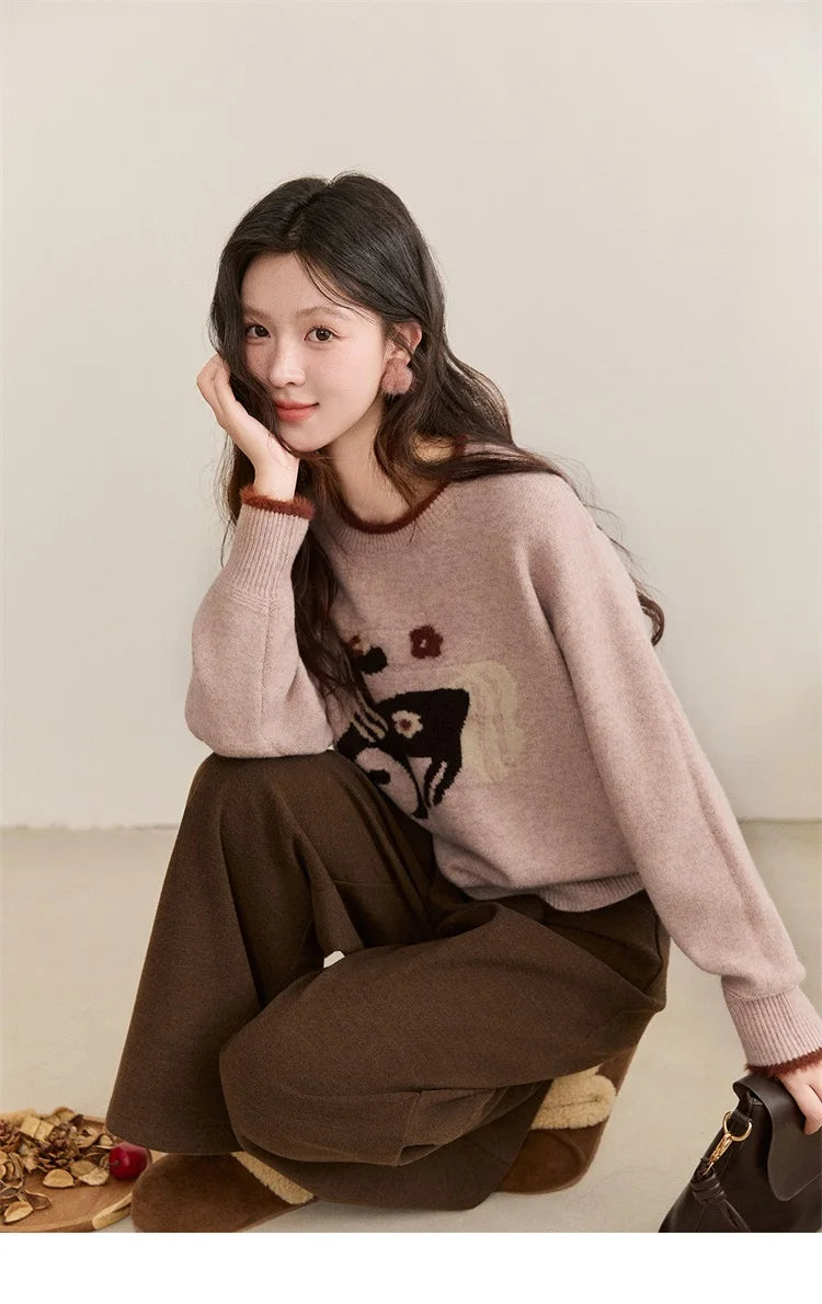 MISHOW Women's Horse Pattern Knit Sweater Winter Crew Neck Sweaters Collar Cuffs Splice Contrasting Faux Mink Fur Top MXE94Z2863