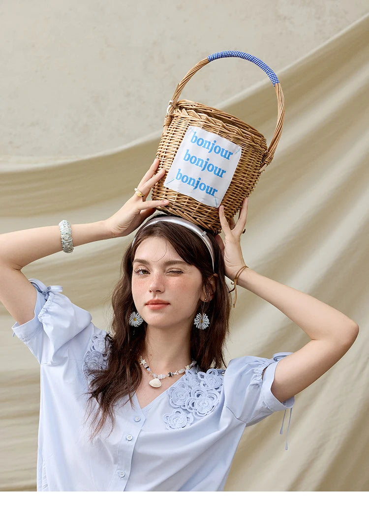 MISHOW French New Shirts Women Summer 2025 Solid Short Sleeve V-neck Embroidered Loose Blouses Female Loose Versatile MXE31X1774