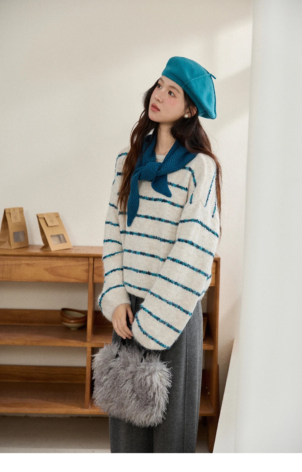 MISHOW Women's Blue Striped Sweater 2025 New Alpaca Wool Shawl Scarf Set Retro Loose Casual Knit Top Winter Clothes MXE90Z2821