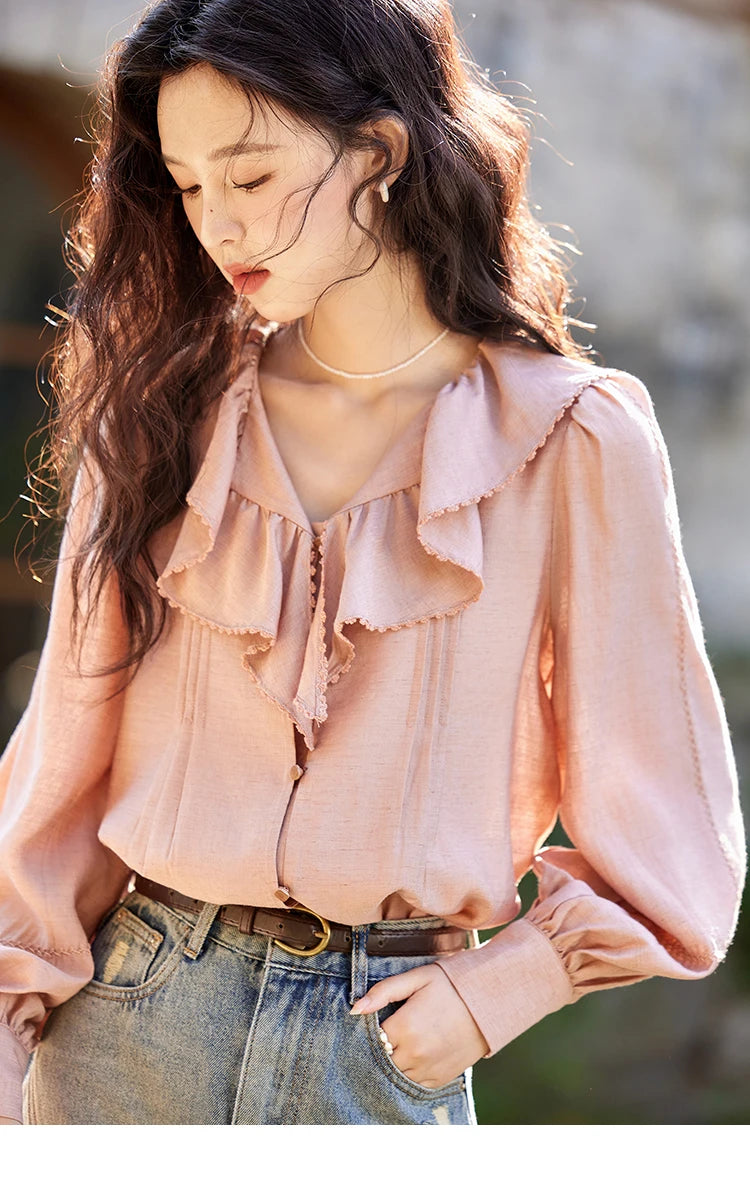 MISHOW Lotus Leaf Collar Shirt Bubble Sleeves Pink Shirt for Women Spring 2025 Sweet Chiffon Top Temperament Shirts MXE12X1702