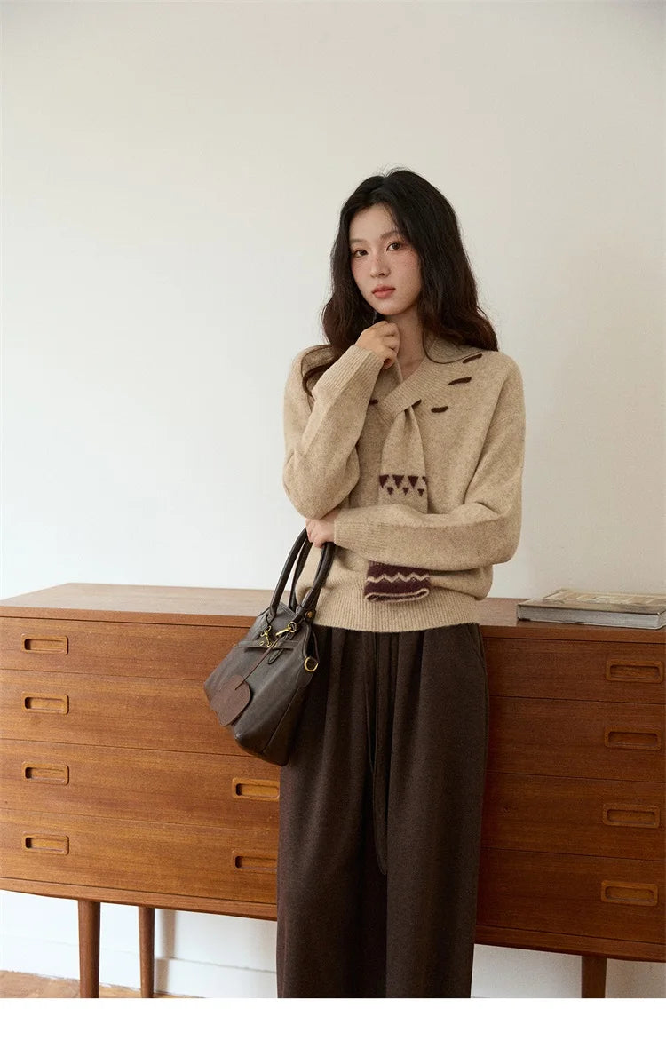 MISHOW Women V-neck Knit Top 2025 French-style Elegant Workwear Long-sleeved Yellow Pullover Women's Winter Clothing MXE87Z2771