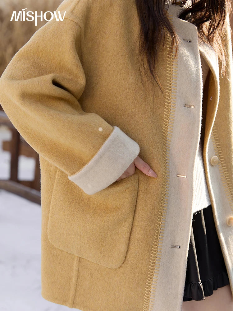 MISHOW Yellow Double-faced Wool Coat for Women 2025 Winter New Retro Contrast Color Slim Crew Neck Pockets Wool Coat MXE51W0915