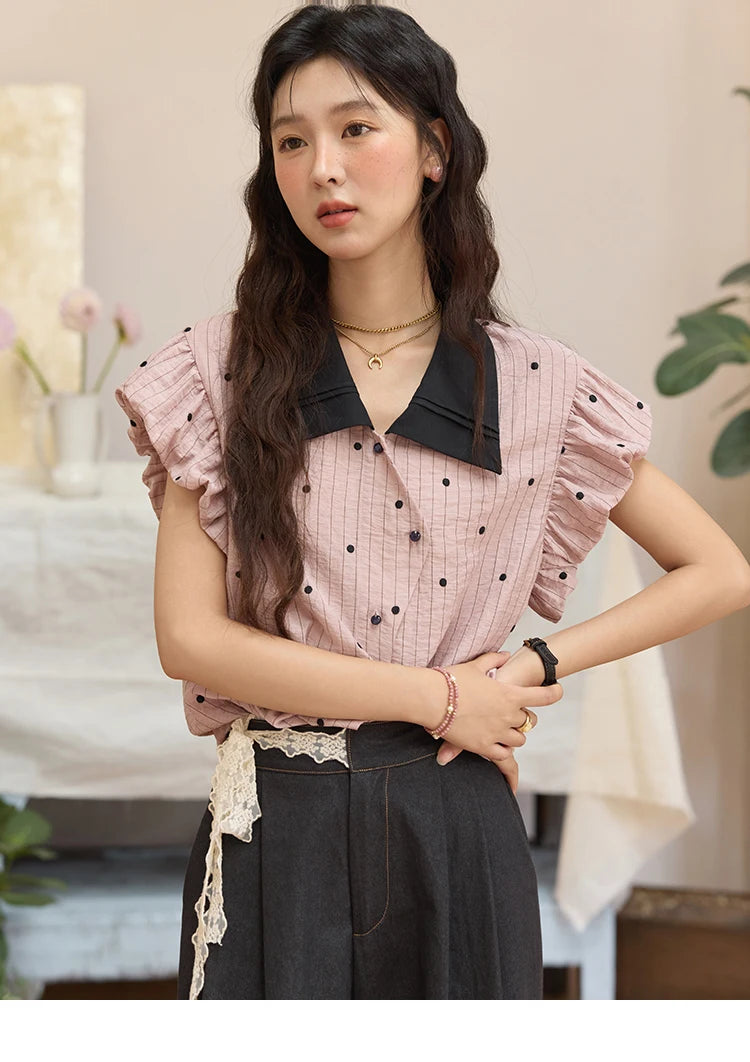 MISHOW Summer Office Lady Blouses Women 2025 Short Sleeve Turn-down Collar Polka Dot Shirts Female Fashion Slim Tops MXE31C0776